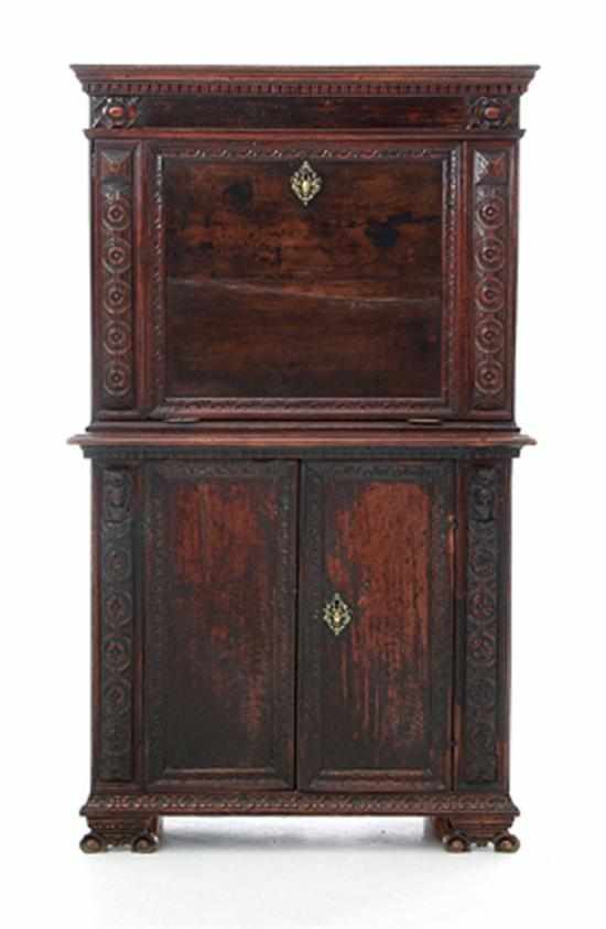 Appraisal: Continental walnut fall-front desk on cabinet late th century dentil-molded