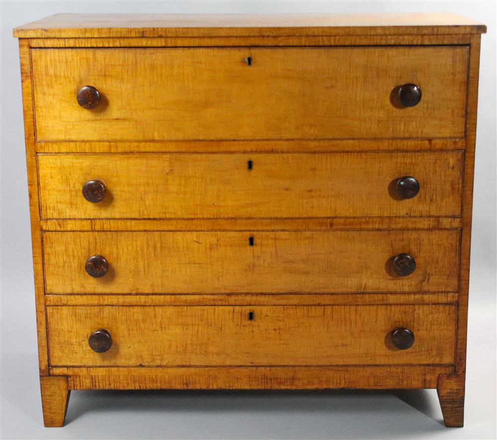 Appraisal: SHERATON TIGER MAPLE BONNET CHEST having a rectangular top over