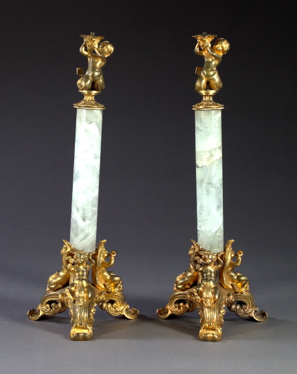 Appraisal: Sumptuous Pair of Italian Gilt-Bronze-Mounted Columnar Rock Crystal Kerosene Lamp