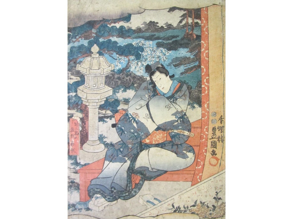 Appraisal: KUNISADA TOYOKUNI III WOMAN AT SHRINE Woodblock print x x