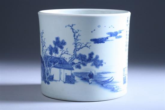 Appraisal: CHINESE BLUE AND WHITE PORCELAIN BRUSH HOLDER BITONG With riverscape