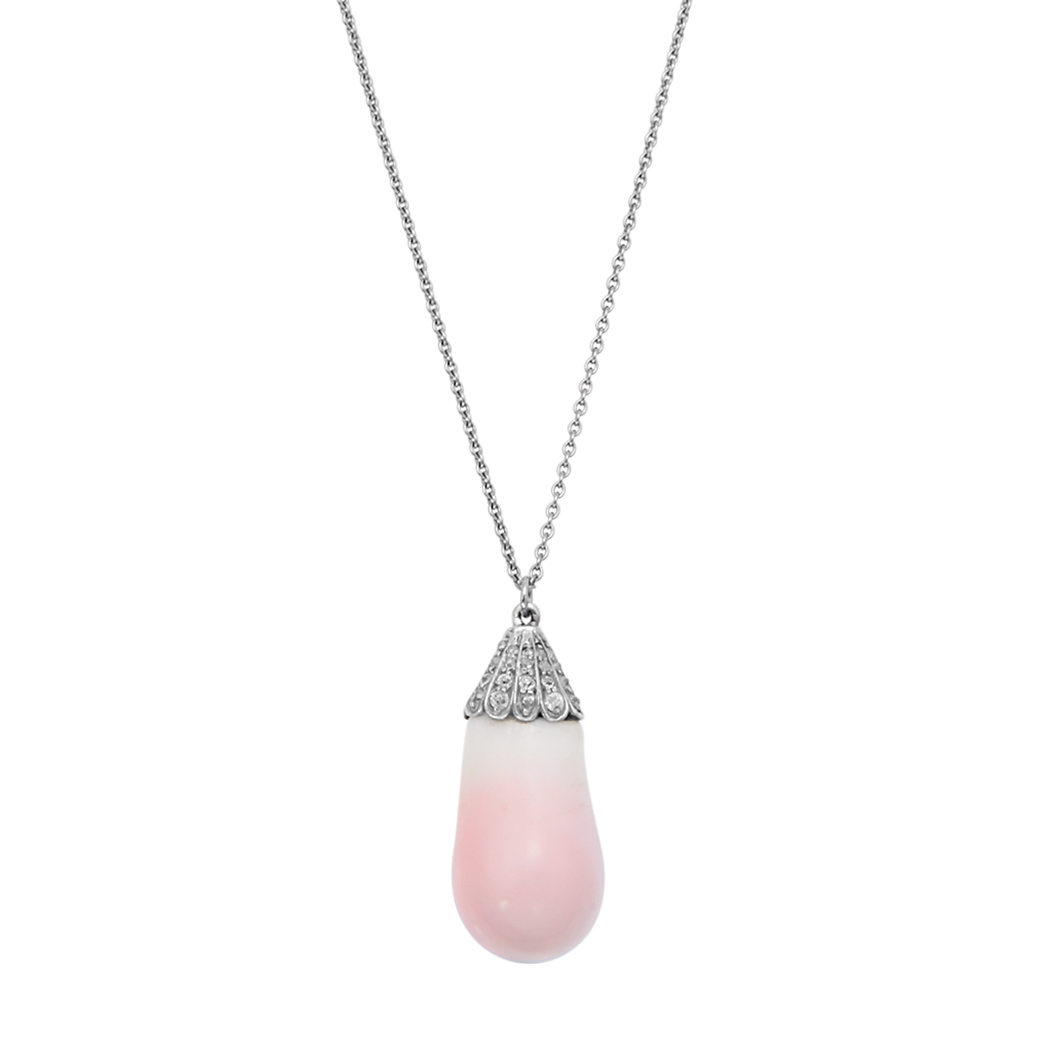 Appraisal: Antique Conch Pearl and Diamond Pendant with Platinum Chain Silver