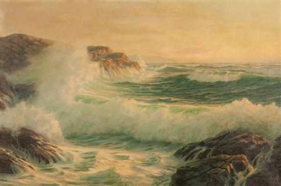 Appraisal: Josef M Arentz American - Waves Crashing on Rocky Coast