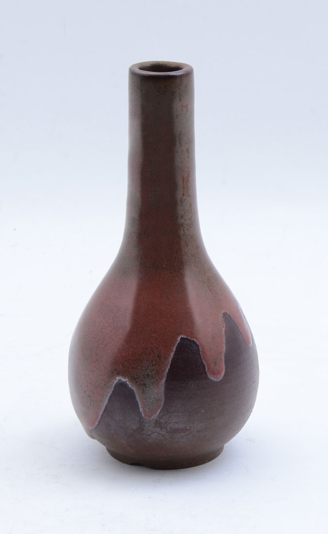 Appraisal: NEWCOMB COLLEGE COPPER RED BUD VASE Bulbous brown clay body