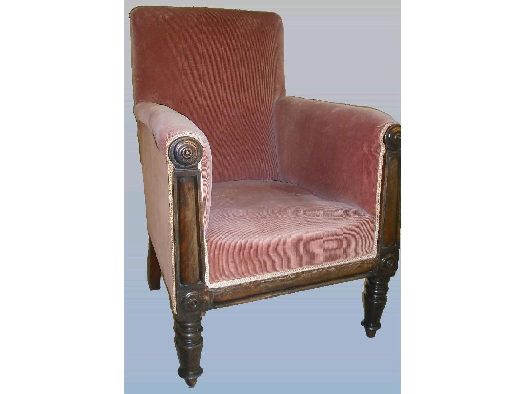 Appraisal: Early Victorian mahogany frame library armchair with later pink corduroy