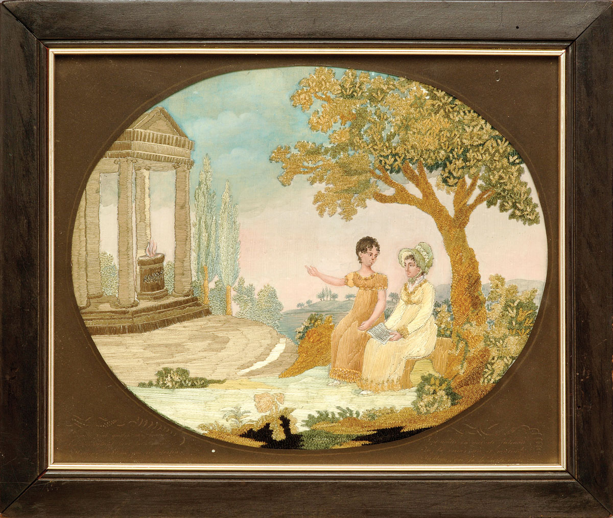 Appraisal: SILK NEEDLEWORK PICTURE OF TWO LADIES SEATED BEFORE A TEMPLE