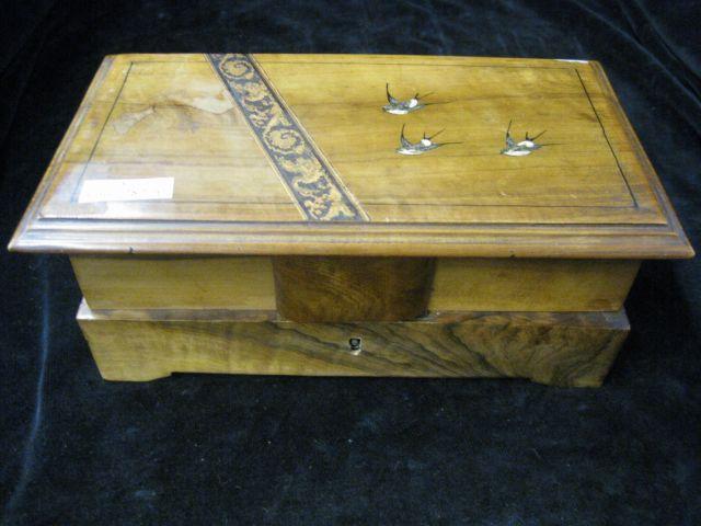 Appraisal: Fine Wooden Jewelry Box swing out trays inlaid bird decor