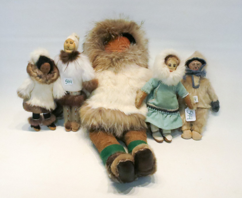 Appraisal: FIVE HANDMADE ESKIMO DOLLS made from leather native furs textiles