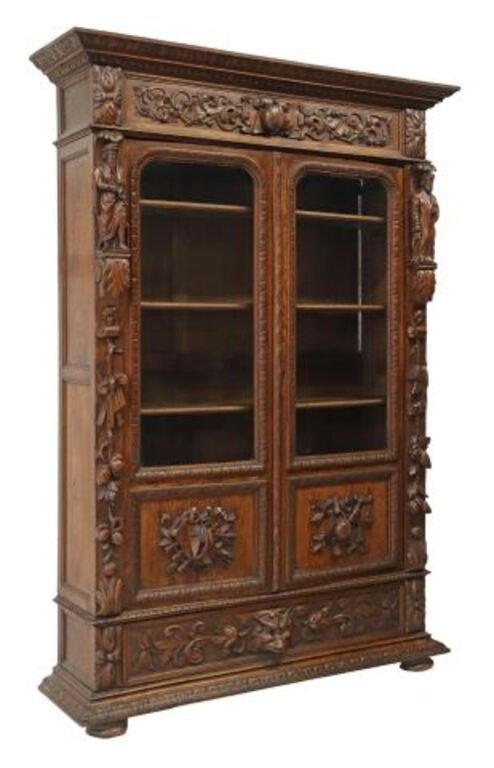 Appraisal: French oak library bookcase late th c foliate and egg-and-dart