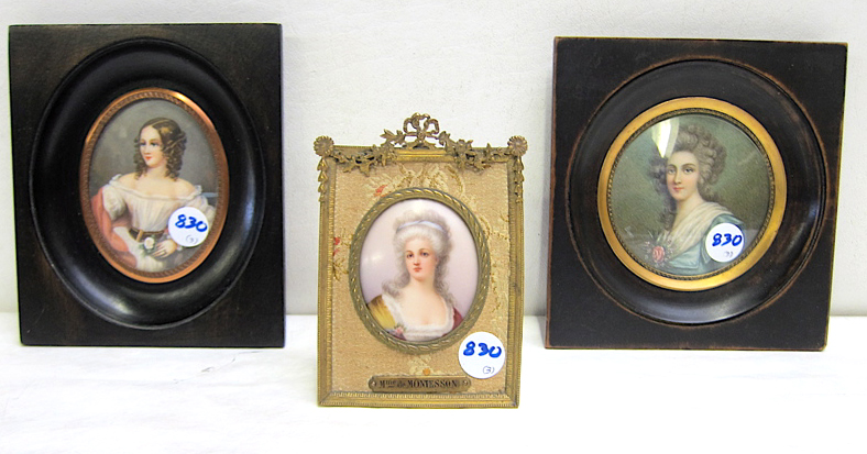 Appraisal: THREE MINIATURE PAINTINGS depicting French women One is oil on