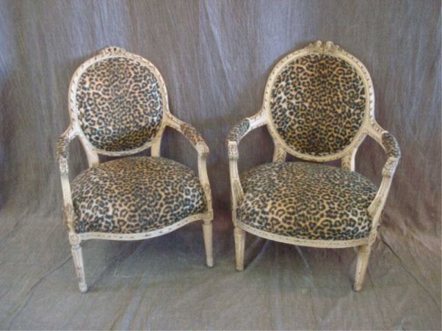 Appraisal: Louis XVI Style Arm Chairs Painted White with Faux Leopard