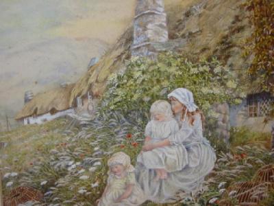 Appraisal: ENGLISH SCHOOL c Fisherman's Children before a Thatched Cottage watercolour