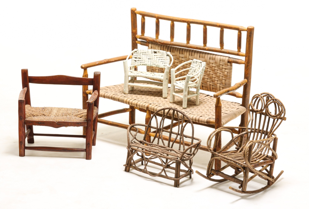 Appraisal: SIX PIECES CHILD AND DOLL FURNITURE Twentieth century Four Adirondack-style