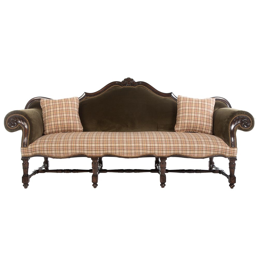 Appraisal: Victorian Style Upholstered Sofa With shaped crest rail brass tack