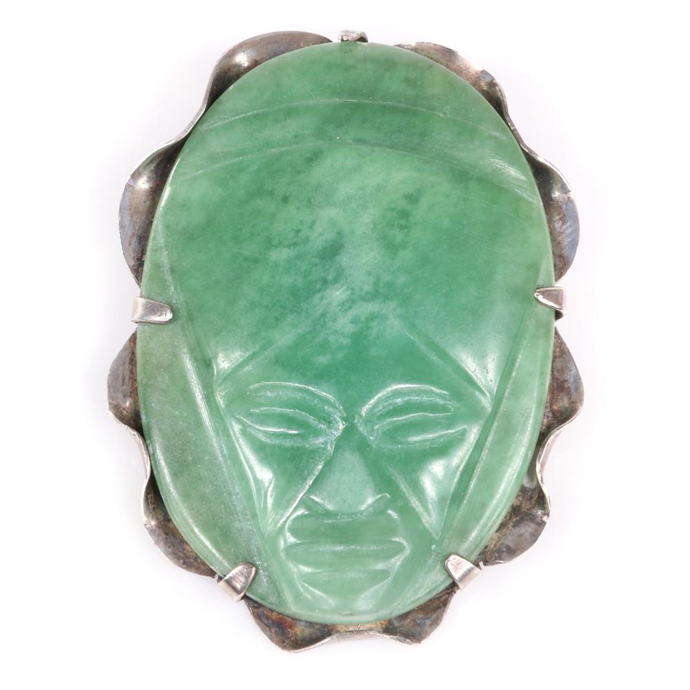 Appraisal: EISENBERG ORIGINAL MEXICAN STERLING CARVED GREEN ONYX AZTEC FACE BROOCH