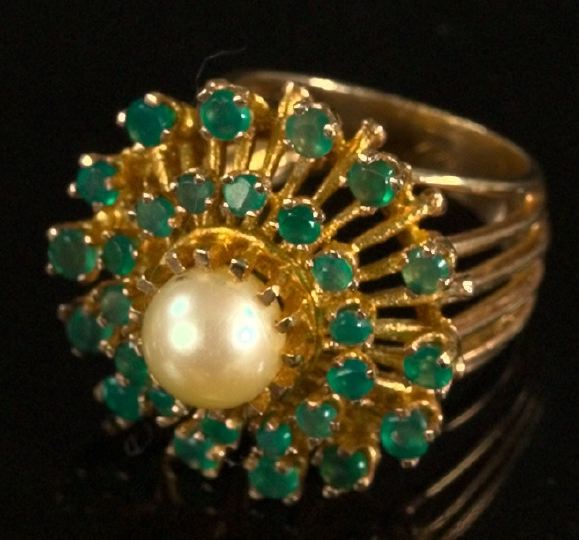 Appraisal: Fourteen-Karat Yellow Gold Emerald and Pearl Lady's Cocktail Ring composed