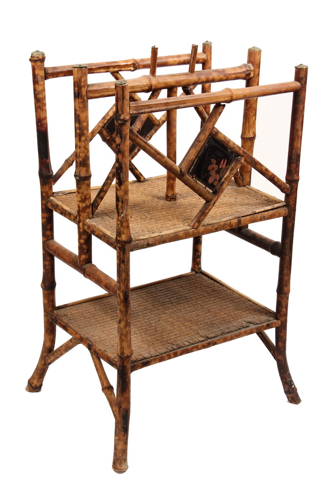 Appraisal: BAMBOO MAGAZINE RACK - Scorched Bamboo Rack with two partitions