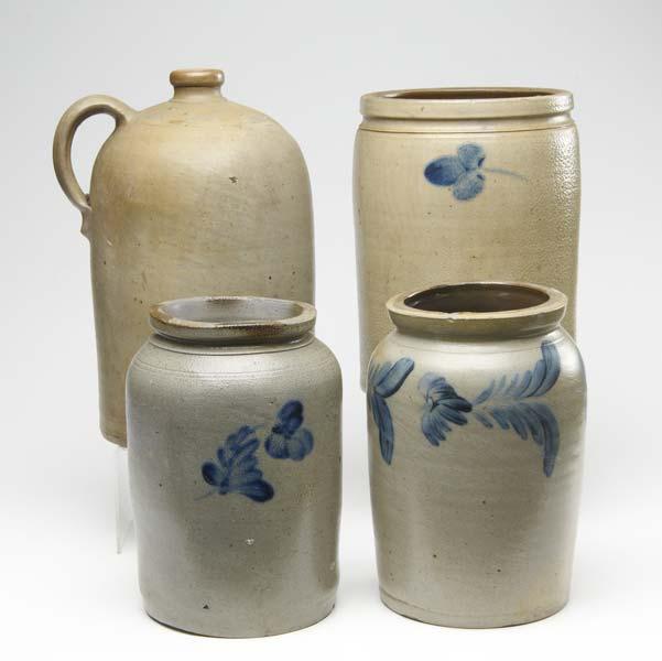 Appraisal: STONEWARE CROCKS Three pieces each with blue decoration together with