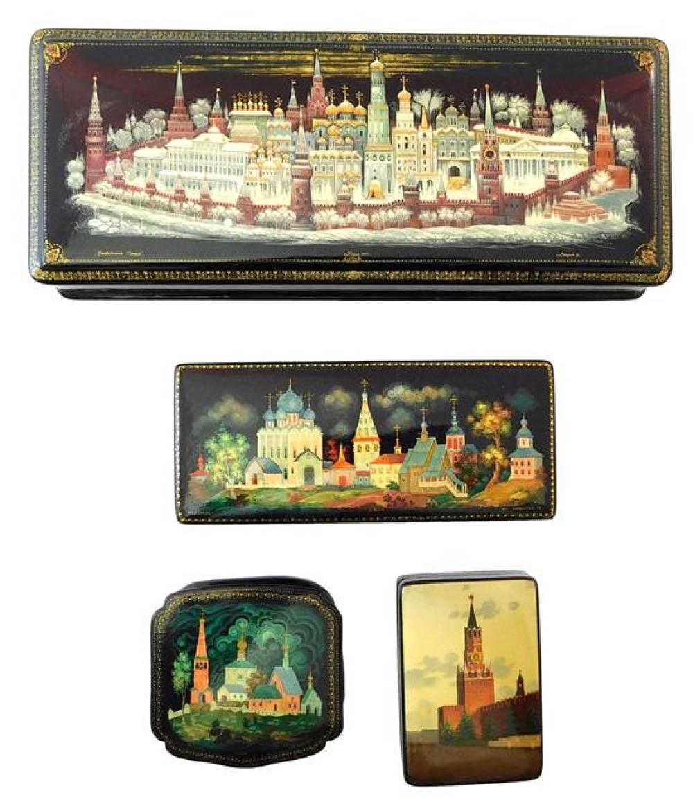 Appraisal: Russian hand-painted lacquer boxes group of four with architecture or