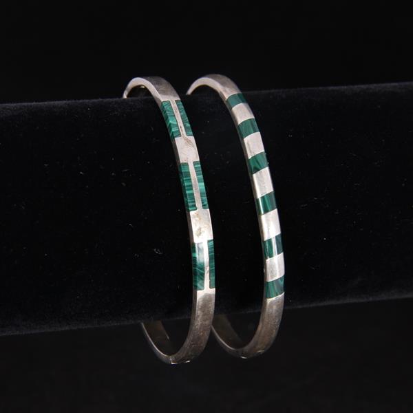 Appraisal: Two Mexican Sterling Silver Bangle Bracelets with Malachite inlay inner