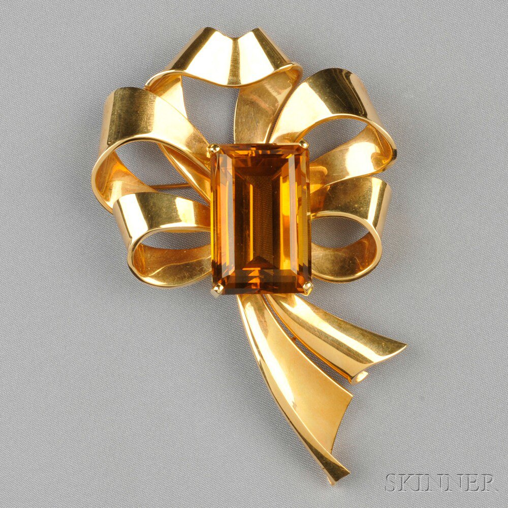 Appraisal: Retro kt Gold and Citrine Bow Brooch set with an