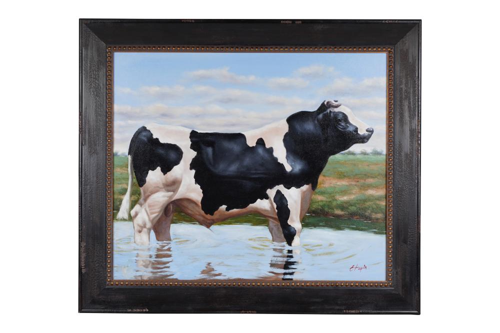 Appraisal: FRAMED PAINTING COW IN PONDacrylic on canvas signed 'Etapia' lower