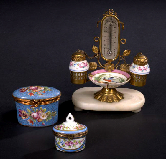 Appraisal: Diminutive French Gilt-Brass-Mounted Porcelain and Marble Lady's Encrier-Thermometer third quarter