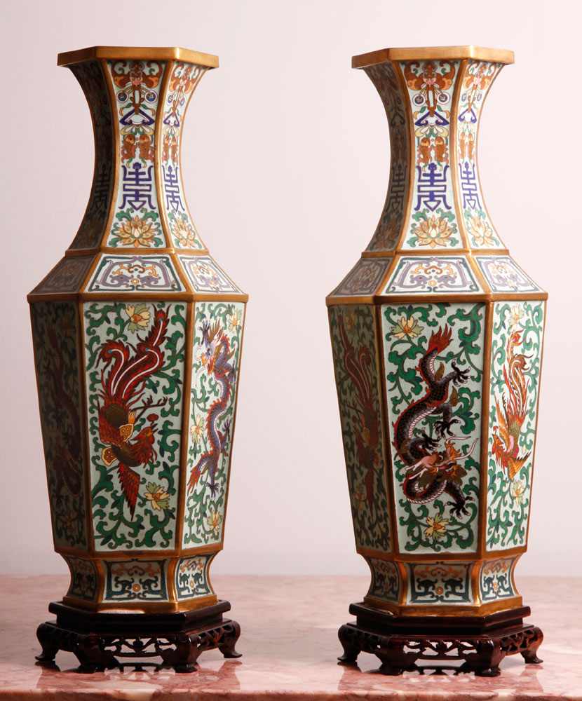 Appraisal: - th th C Pair of Chinese Hexagonal Vases Late