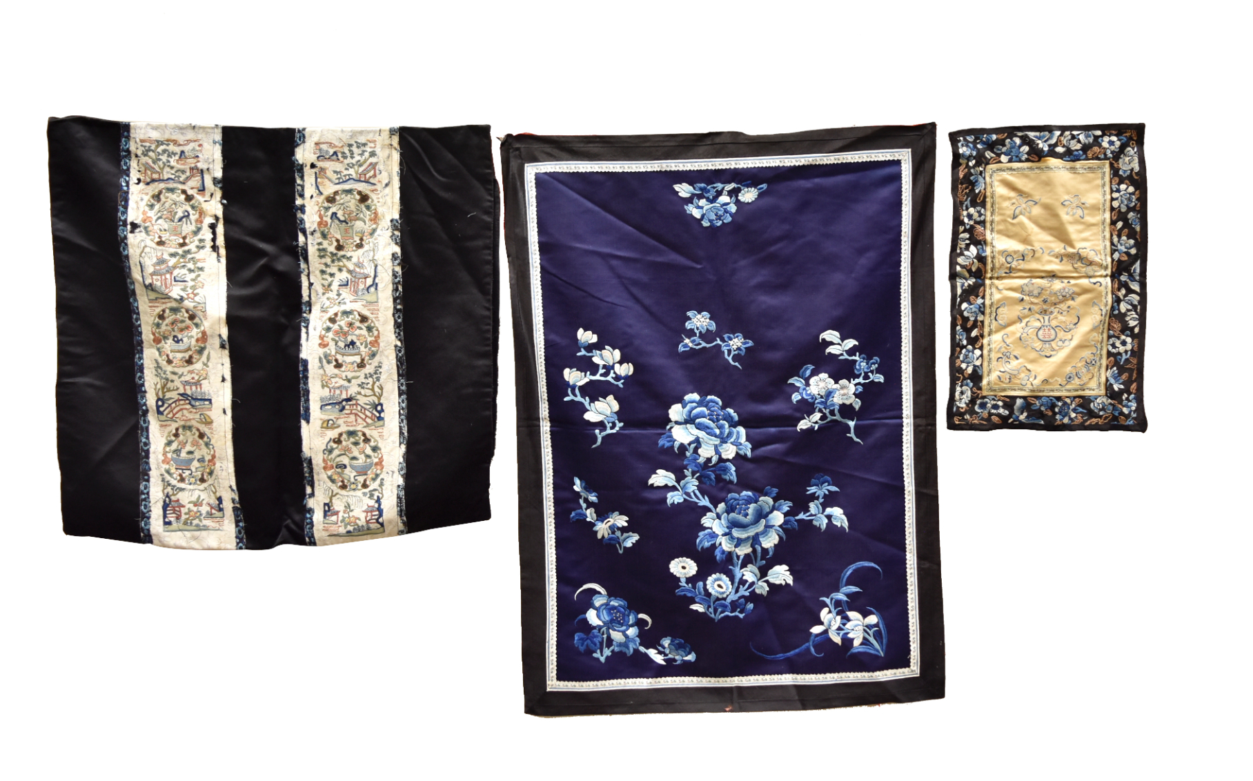 Appraisal: three Chinese Late Qing Dynasty embroidery cloth pieces blue ground