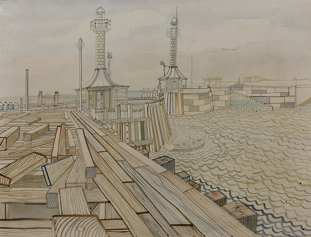 Appraisal: David Smith British - The Pier under construction watercolour cm