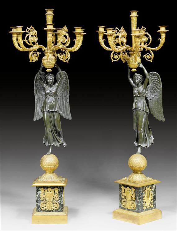 Appraisal: PAIR OF CANDELABRAS AUX VICTOIRES Empire style after models by