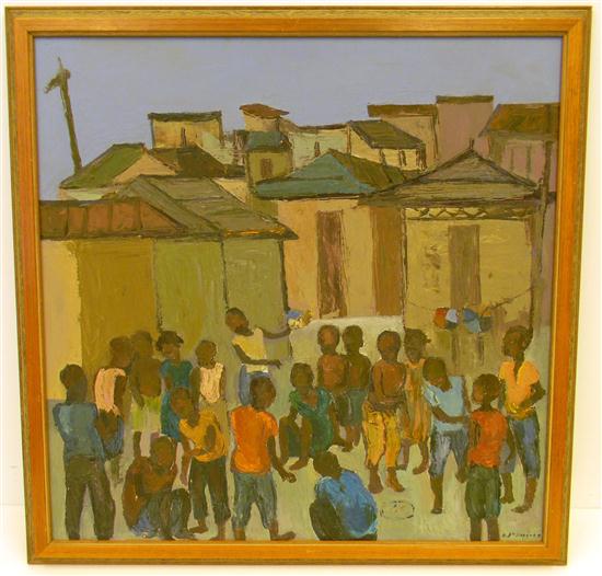 Appraisal: Carlo Jean Jacques Haitian - acrylic on masonite ''Children Playing