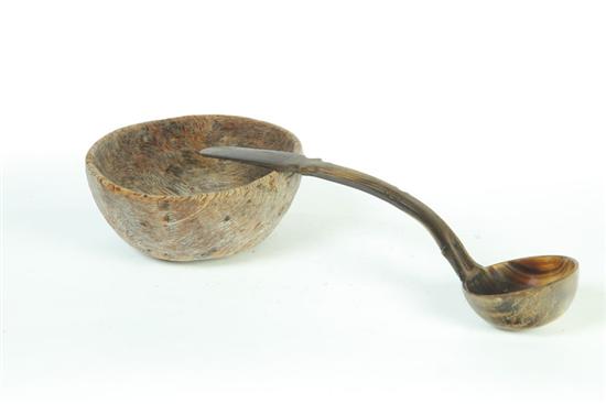 Appraisal: BURL BOWL AND HORN LADLE Probably American th century Bowl