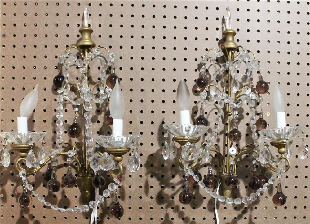 Appraisal: PAIR OF CONTINENTAL SCONCES WITH AMETHYST AND CRYSTAL DROPS h