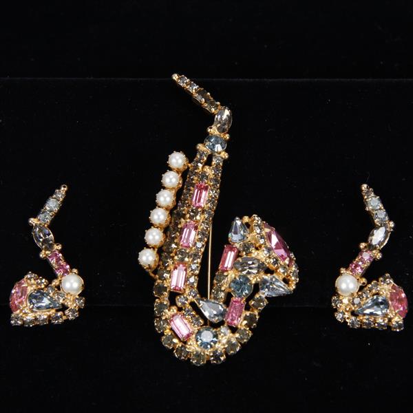 Appraisal: Original by Robert pc Jeweled Saxophone Brooch Pin Clip Earrings