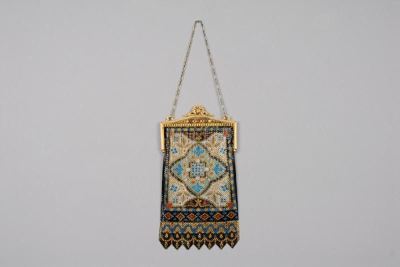 Appraisal: MANDALIAN ART DECO MESH PURSE Oriental carpet pattern enameled mesh