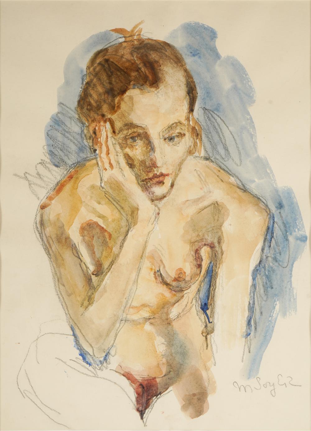 Appraisal: MOSES SOYER - THOUGHTFUL NUDEwatercolor matted and framed under acrylic