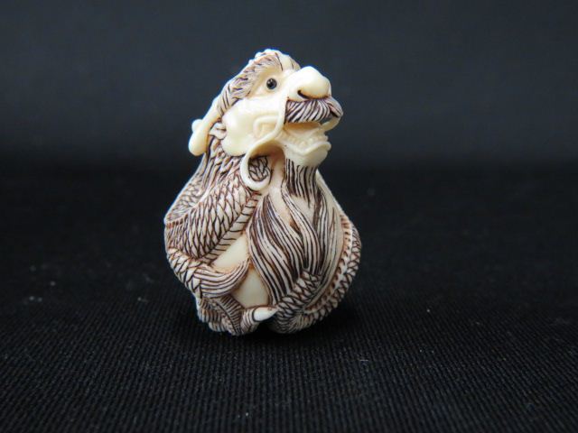 Appraisal: Carved Ivory Netsuke of a Coiled Dragon finely polychromed signed