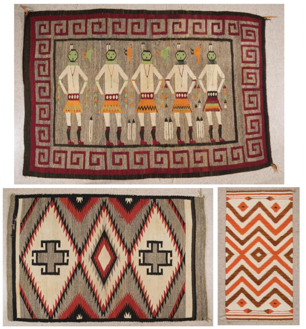 Appraisal: THREE REGIONAL NAVAJO WEAVINGS X child's blanket ' x '