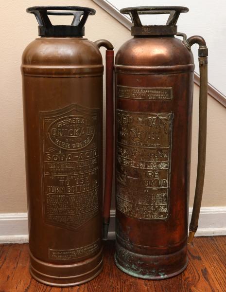 Appraisal: TWO ANTIQUE COPPER FIRE EXTINGUISHERS WITH BRASSONSITE AUCTION This on-site