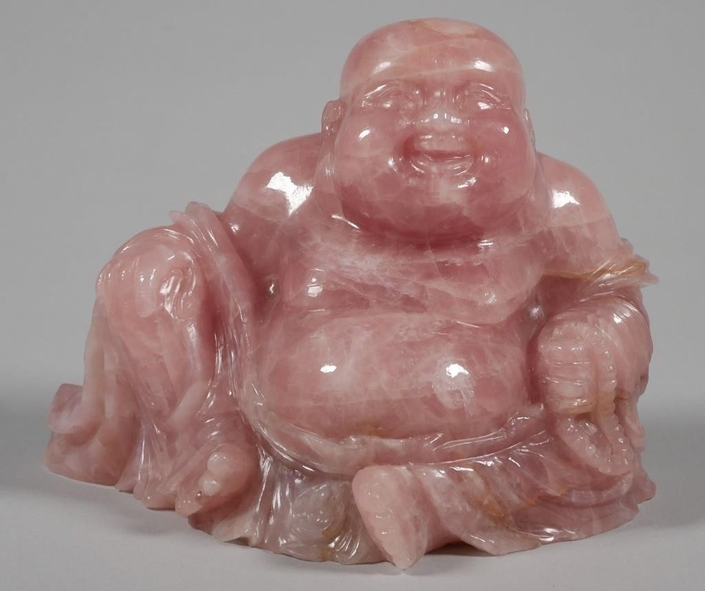 Appraisal: Hand carved pink quartz statue of Buddha Measures tall shipping