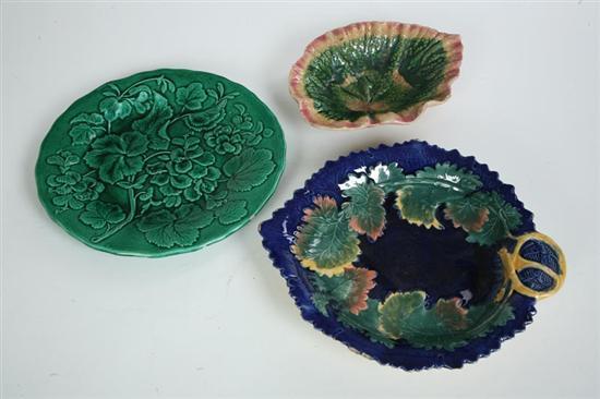 Appraisal: THREE MAJOLICA PLATES An Etruscan leaf plate l A green