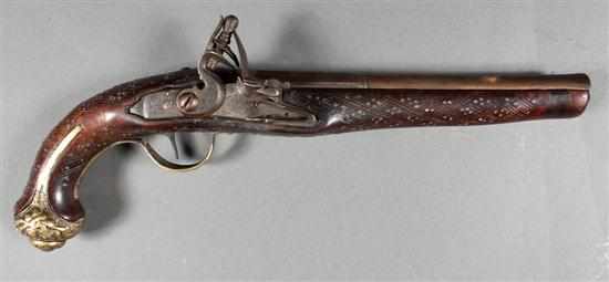 Appraisal: Continental flintlock pistol th century studded walnut stock with later