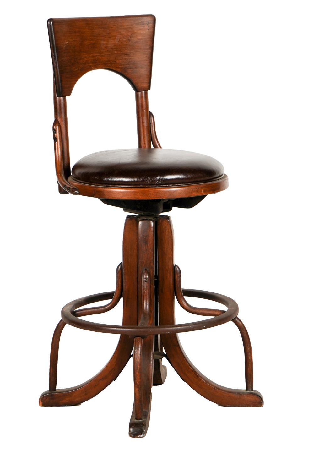 Appraisal: THONET-STYLE BAR STOOLcirca unsigned with brown leather-covered adjustable-height seat inches