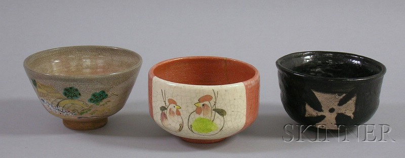 Appraisal: Three Decorated Japanese Tea Ceremony Bowls dia to in