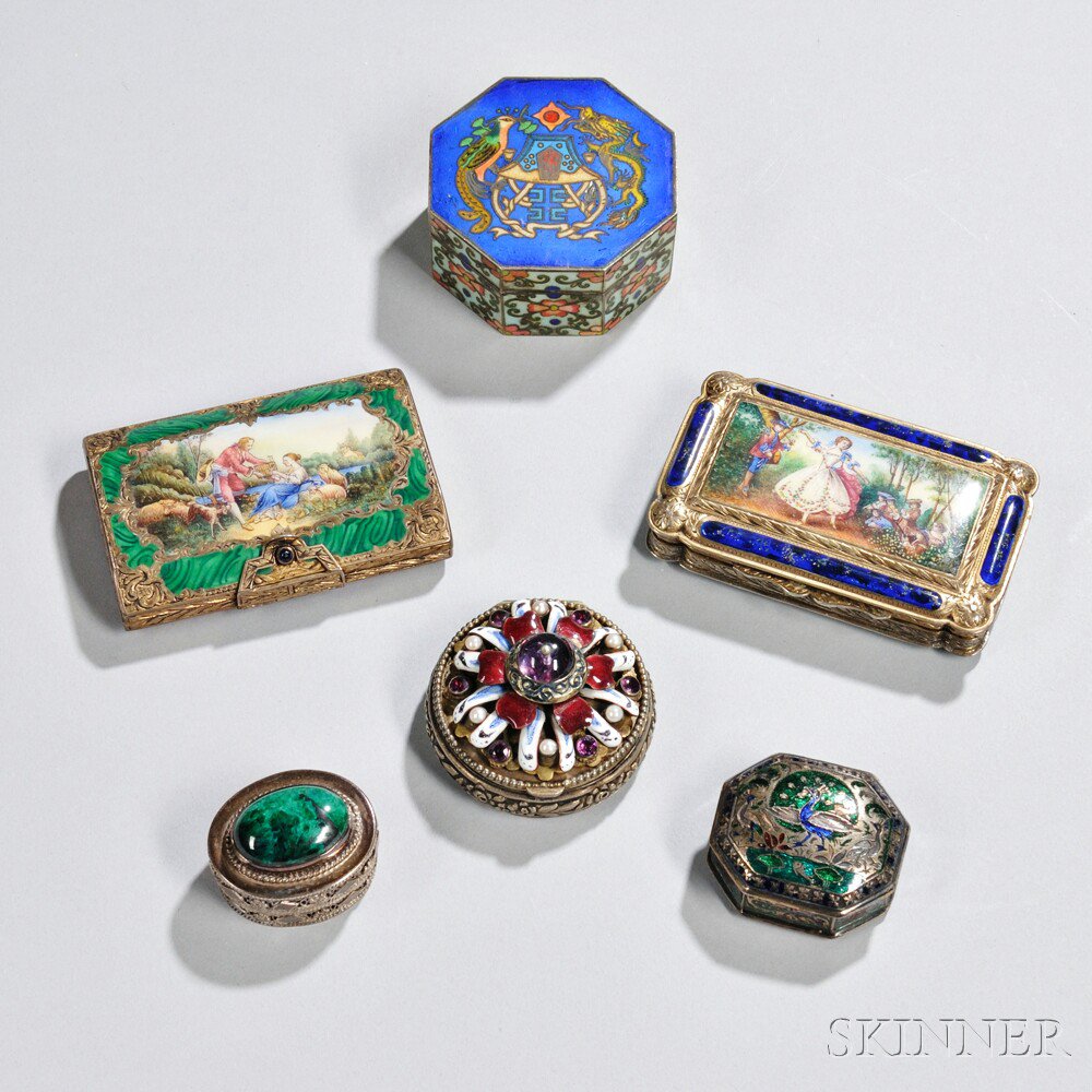 Appraisal: Six Enameled Metal Boxes Continental Europe and China th century