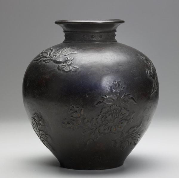 Appraisal: JAPANESE BRONZE VASE Gourd-shaped with relief floral and bird designs