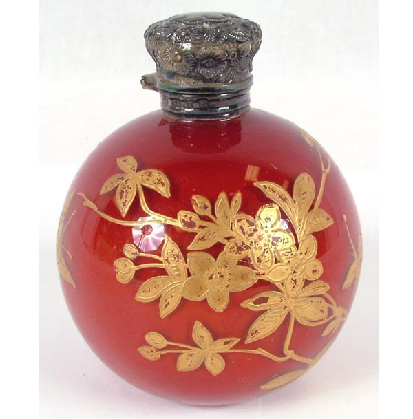 Appraisal: Coral Peachblow bottle with raised gilt enamel florals and butterflies