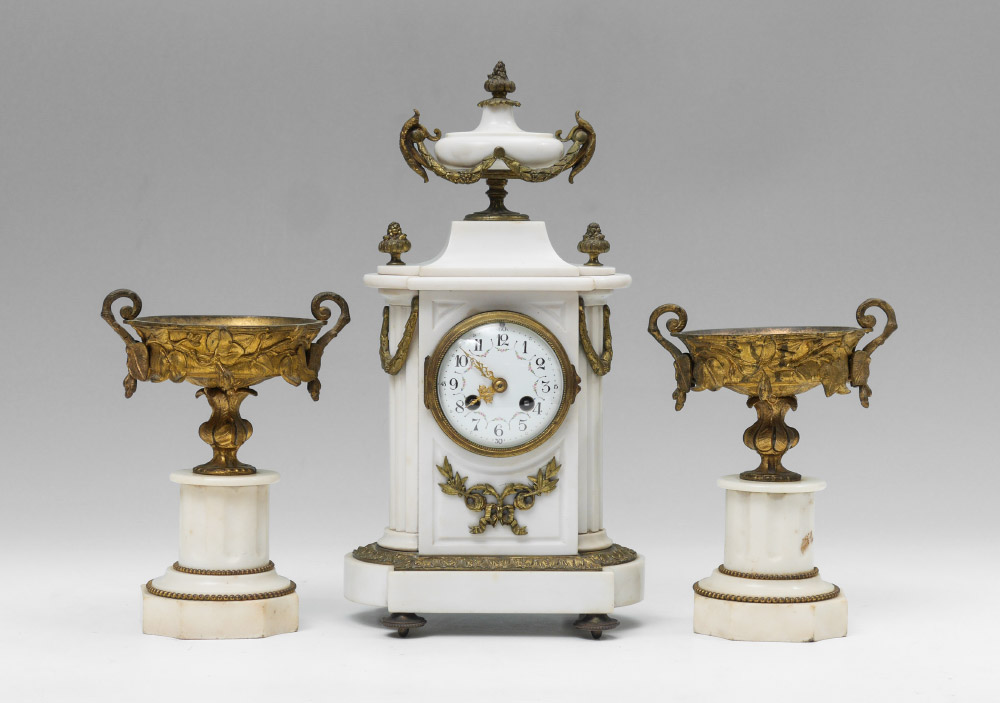 Appraisal: FRENCH ALABASTER CLOCK GARNITURE SET piece set with alabaster case