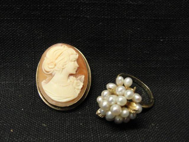 Appraisal: Karat Cameo together with Karat Gold Ring with Pearl Clusters